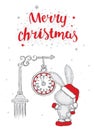 Cute hare under the clock. New Year card. Christmas. Lettering.