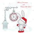 Cute hare under the clock. New Year card. Christmas. Vector illustration.