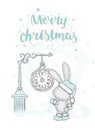 Cute hare under the clock. New Year card. Christmas.