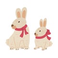 Cute hares or rabbits with red ribbon bows in flat cartoon style