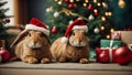 Cute hares or rabbits wearing Santa Claus red hat under the Christmas tree