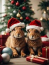 Cute hares or rabbits wearing Santa Claus red hat under the Christmas tree