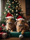 Cute hares or rabbits wearing Santa Claus red hat under the Christmas tree