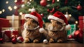 Cute hares or rabbits wearing Santa Claus red hat under the Christmas tree