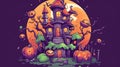 Cute Haunted House Cartoon T-Shirt Design with Pumpkins in Purple, Orange, and Green. Royalty Free Stock Photo