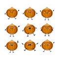 Cute hazelnut characters set with different emitions vector illustration. Funny nuts Royalty Free Stock Photo