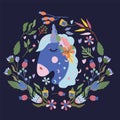 Cute Head portrait Unicorn with colorful flowers and leaves. Magical Unicorn flat style. Fairy compositions can be used