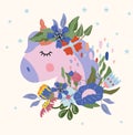 Cute Head portrait Unicorn with colorful flowers and leaves. Magical Unicorn flat style. Fairy compositions for your