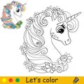 Cute head of unicorn with flowers coloring book page