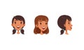 Cute Heads of Girl in Different Views and Hairstyle Set, Joyful Girl in Front, Profile Side, Three Quarter View Cartoon