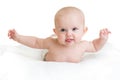 Cute healthy baby lying on white towel with hands Royalty Free Stock Photo