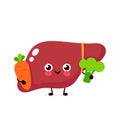 Cute healthy happy liver character with broccoli