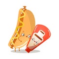 Cute healthy hot dog character is dancing tango with tomato ketchup Royalty Free Stock Photo