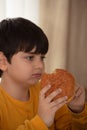 Cute healthy preschool kid boy eats hamburger sitting in school or nursery cafe. Royalty Free Stock Photo