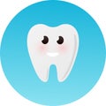 Cute healthy shiny cartoon tooth character, childrens dentistry concept vector Illustration. Happy tooth smiles on blue