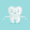 Cute healthy white cartoon tooth character cleaning itself with dental floss, oral dental hygiene, childrens dentistry