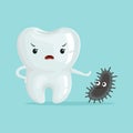 Cute healthy white cartoon tooth character fighting with cavities, childrens dentistry concept vector Illustration Royalty Free Stock Photo