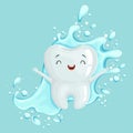 Cute healthy white cartoon tooth character with mouthwash, oral dental hygiene, childrens dentistry concept vector