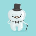 Cute healthy white cartoon tooth gentleman character wearing black top hat, childrens dentistry concept vector Royalty Free Stock Photo