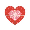 Cute heart box, vector icon. Closed red-pink present with polka dots, bow, holiday ribbon. Surprise for Valentines Day, wedding, Royalty Free Stock Photo