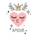 Cute Heart character with crown and AMOUR lettering. Hand drawn line art vector illustration with lettering Amour.