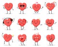 Cute heart characters. Funny love signs mascots in different poses. Positive emotions. Smiling romantic holiday symbols