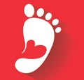 Cute heart in footprint icon. Kids shoes store icon. Family sign. Parent and child symbol. Adoption emblem. Charity campaign. Vect Royalty Free Stock Photo