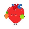 Cute heart organ with carrot, apple. Vector hand drawn doodle style cartoon character illustration icon design. Card Royalty Free Stock Photo