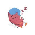 Cute heart sleeping in hat with pompom, funny human organ character in nightcap snoring