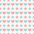 Cute heart and star seamless pattern vector illustration isolated on white background. Pink and blue stars, lovely hearts. Royalty Free Stock Photo