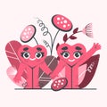 Cute hearts holding hands on a floral background.