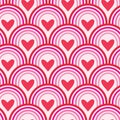 Cute hearts on retro geometric rainbows seamless pattern in red and pink