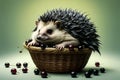 cute hedgehog in a basket with ripe black currant Royalty Free Stock Photo