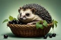 cute hedgehog in a basket with ripe black currant Royalty Free Stock Photo