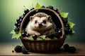 cute hedgehog in a basket with ripe black currant Royalty Free Stock Photo