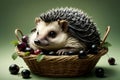 cute hedgehog in a basket with ripe black currant Royalty Free Stock Photo