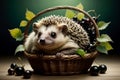 cute hedgehog in a basket with ripe black currant Royalty Free Stock Photo