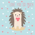 Cute hedgehog card with pink heart in paws.