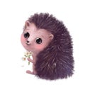 Cute hedgehog with chamomiles, watercolor style illustration, children`s clipart with cartoon character