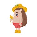 Cute Hedgehog Character in Hat and Shorts Hold Flower Vector Illustration