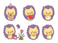 Cute hedgehog collection. Funny cartoon animal birthday boy, with flower, heart, with garden watering can and flower