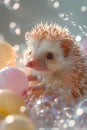 Cute Hedgehog Among Colorful Balls with Sparkling Water Droplets Animal Playfulness and Whimsy Concept