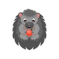 Cute hedgehog eating red apple, sweet gray animal cartoon character vector Illustration on a white background Royalty Free Stock Photo