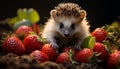 Cute hedgehog eating strawberry, enjoying nature sweet gourmet dessert generated by AI