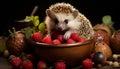 Cute hedgehog eating strawberry, enjoying sweet fruit indoors generated by AI