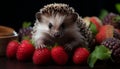 Cute hedgehog eating strawberry, small animal enjoying sweet fruit generated by AI