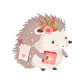 Cute hedgehog forest small animal isolated character with gift heart and flower.