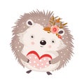 Cute hedgehog forest small animal isolated character with gift heart and flower.