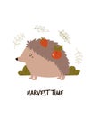 Cute hedgehog with fruits on his back. HARVEST TIME text