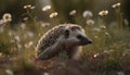 Cute hedgehog in grass, alert meerkat, tranquil summer forest generated by AI